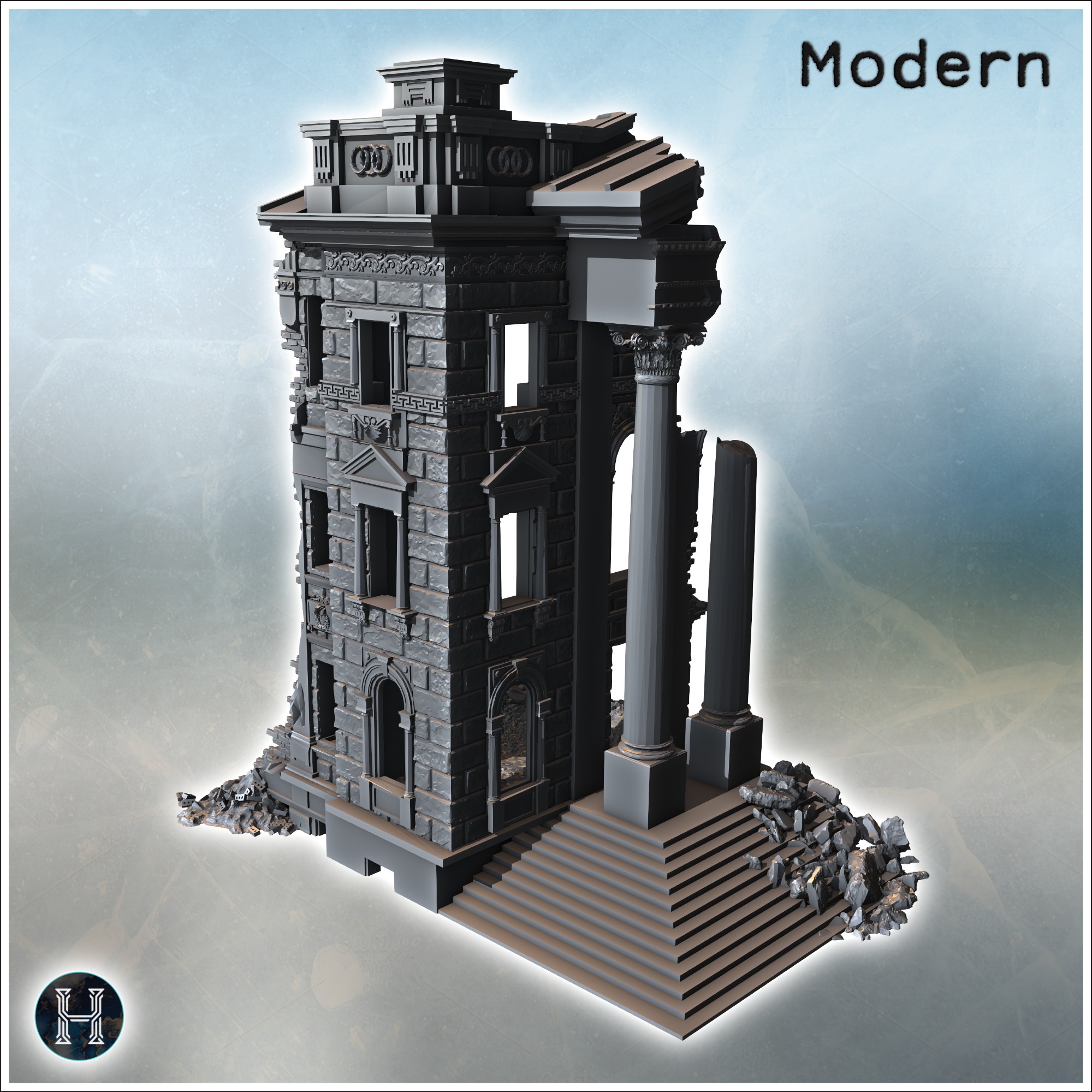 Classical building facade with columns, large steps, and broken decorative elements scattered on the ground (1) - Modern WW2 WW1 World War Diaroma Wargaming RPG Mini Hobby